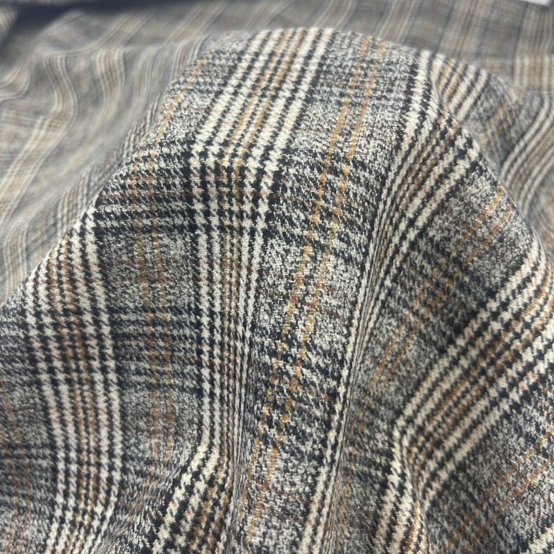 250515 স্যুট করার জন্য প্লেড হাউন্ডস্টুথ চেক ব্রাউন মেটালিক বোনা কাপড়